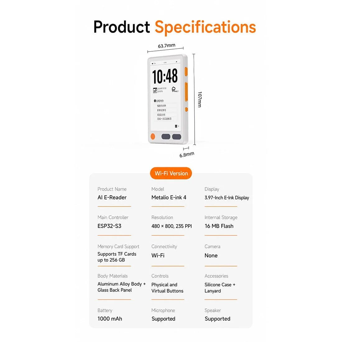 Metalio E-INK4 AI 电子阅读器，电子墨水触屏